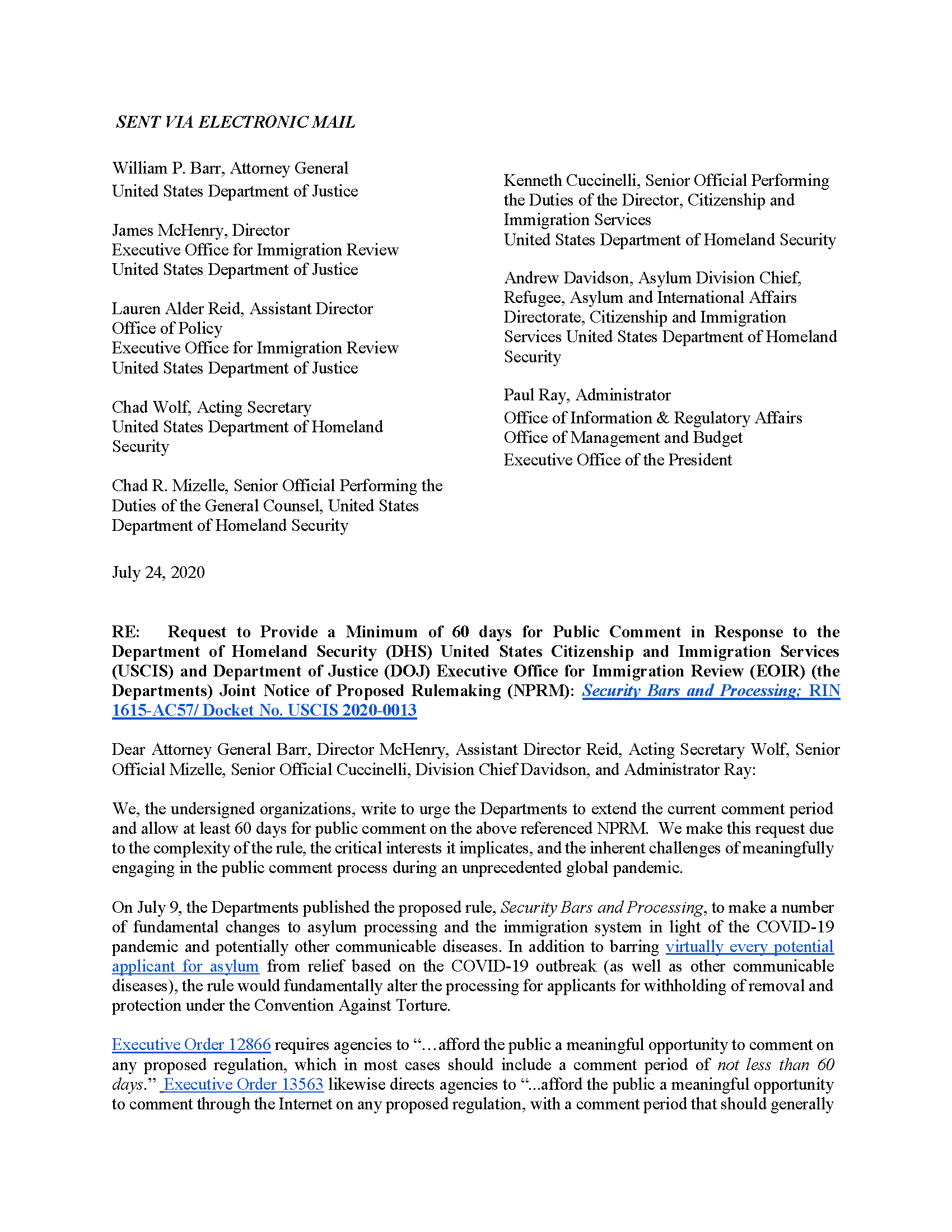 Letter Requesting Extension of Public Comment Period for Proposed Rule