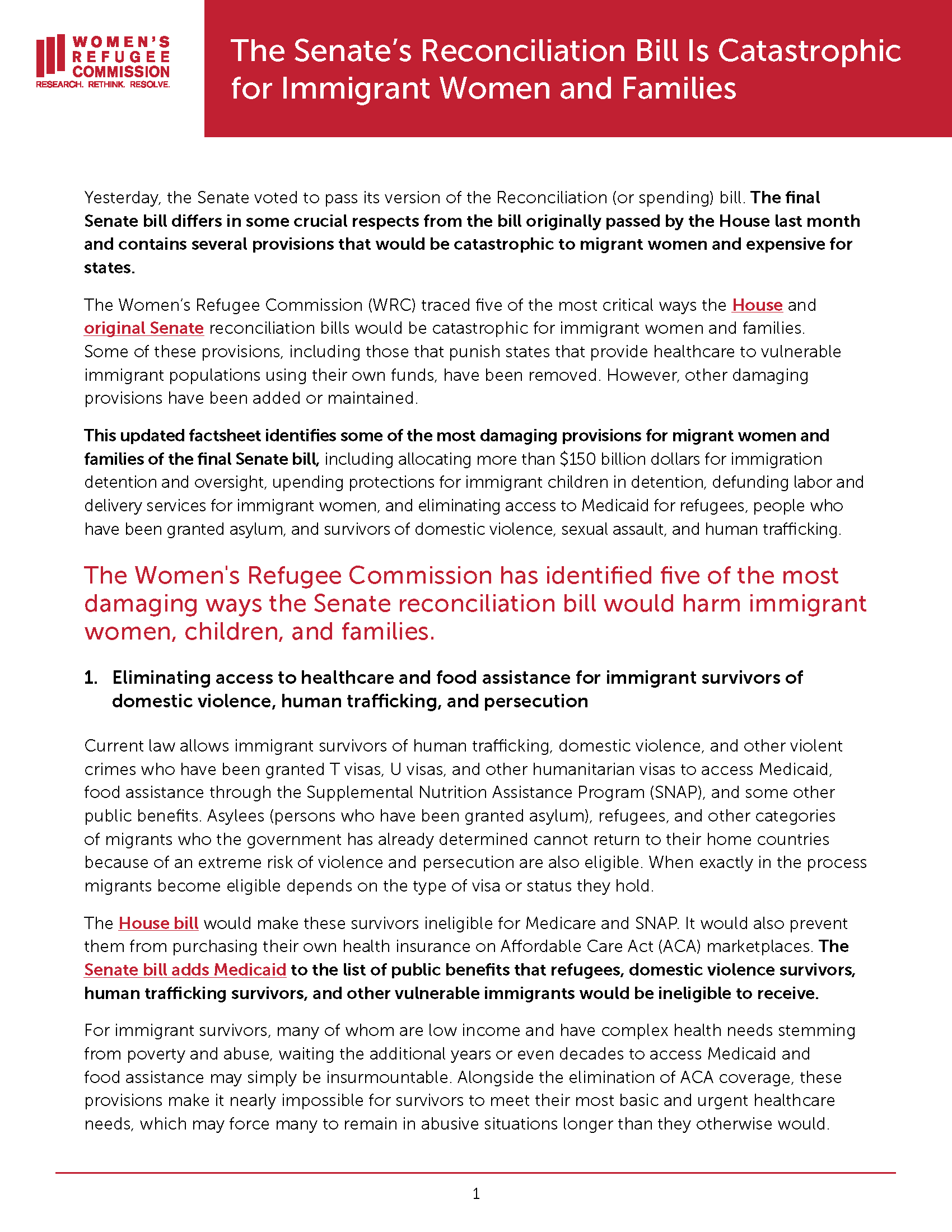 The Senate-Passed Reconciliation Bill Will be Catastrophic for Immigrant Women and Families: Update