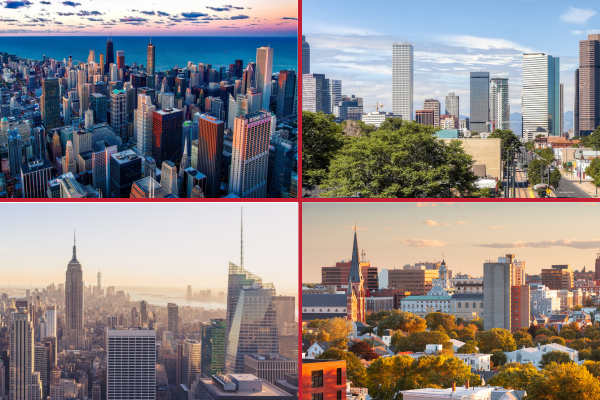 Chicago; Denver; New York City; Portland, Maine (left to right, top to bottom)