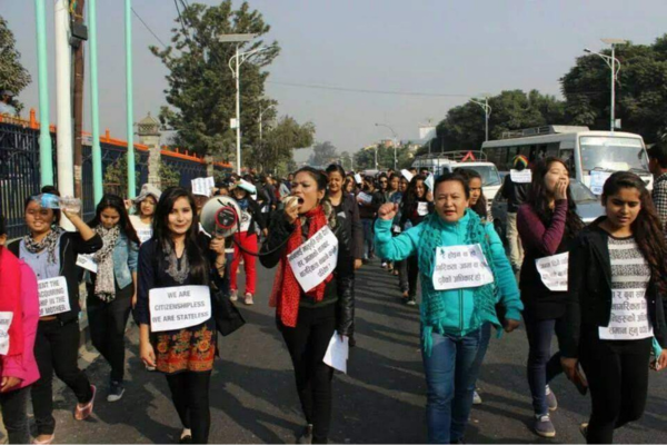 Deepti Gurung, second from right, protesting for Nepali women’s equal nationality rights