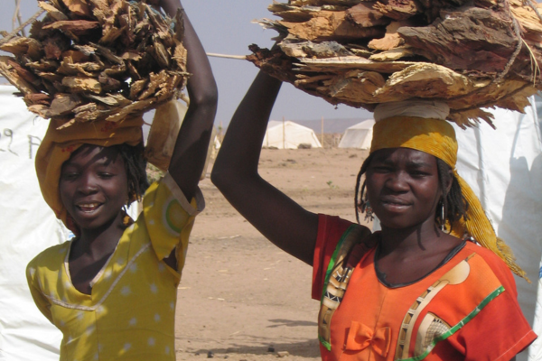 Two young women holding firewood on their heads.
