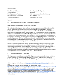 Women's Refugee Commission and other Immigrants' Rights Organizations Provide Recommendations to the Department of Justice and Homeland Security on The Asylum Processing Interim Final Rule
