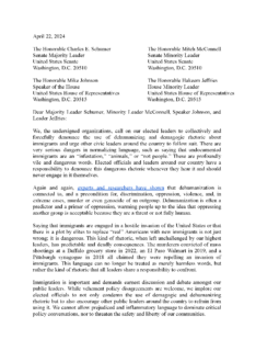Women's Refugee Commission and 150+ Organizations Sent a Letter to Congressional Leaders Urging them to Denounce Anti-Immigrant Language.