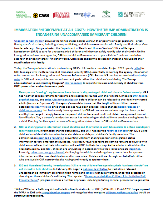 Immigration Enforcement at All Costs: How the Trump Administration is Endangering Unaccompanied Immigrant Children