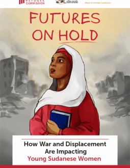 Artwork of woman in destroyed area holding a book