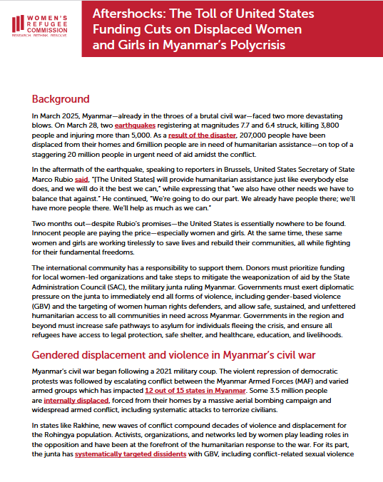 Aftershocks: The Toll of United States Funding Cuts on Displaced Women and Girls in Myanmar&#8217;s Polycrisis