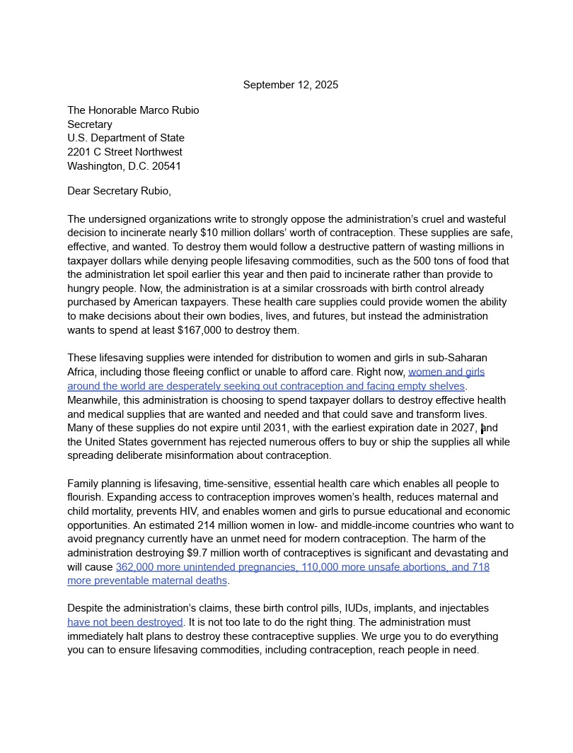 Letter to Secretary Rubio Opposing Contraception Destruction