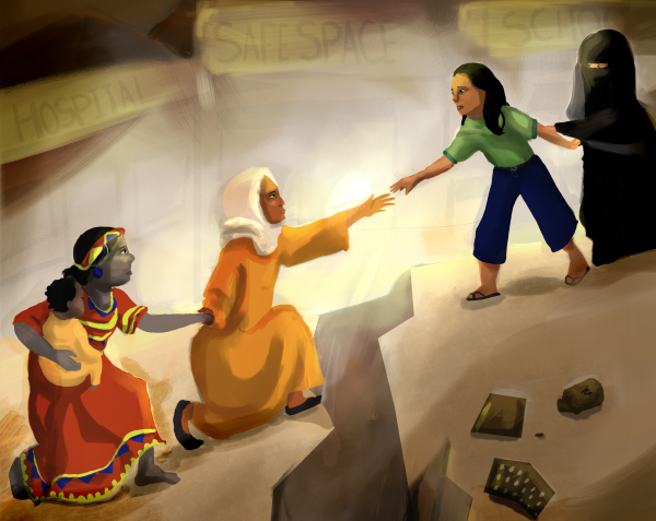 women reaching across divide