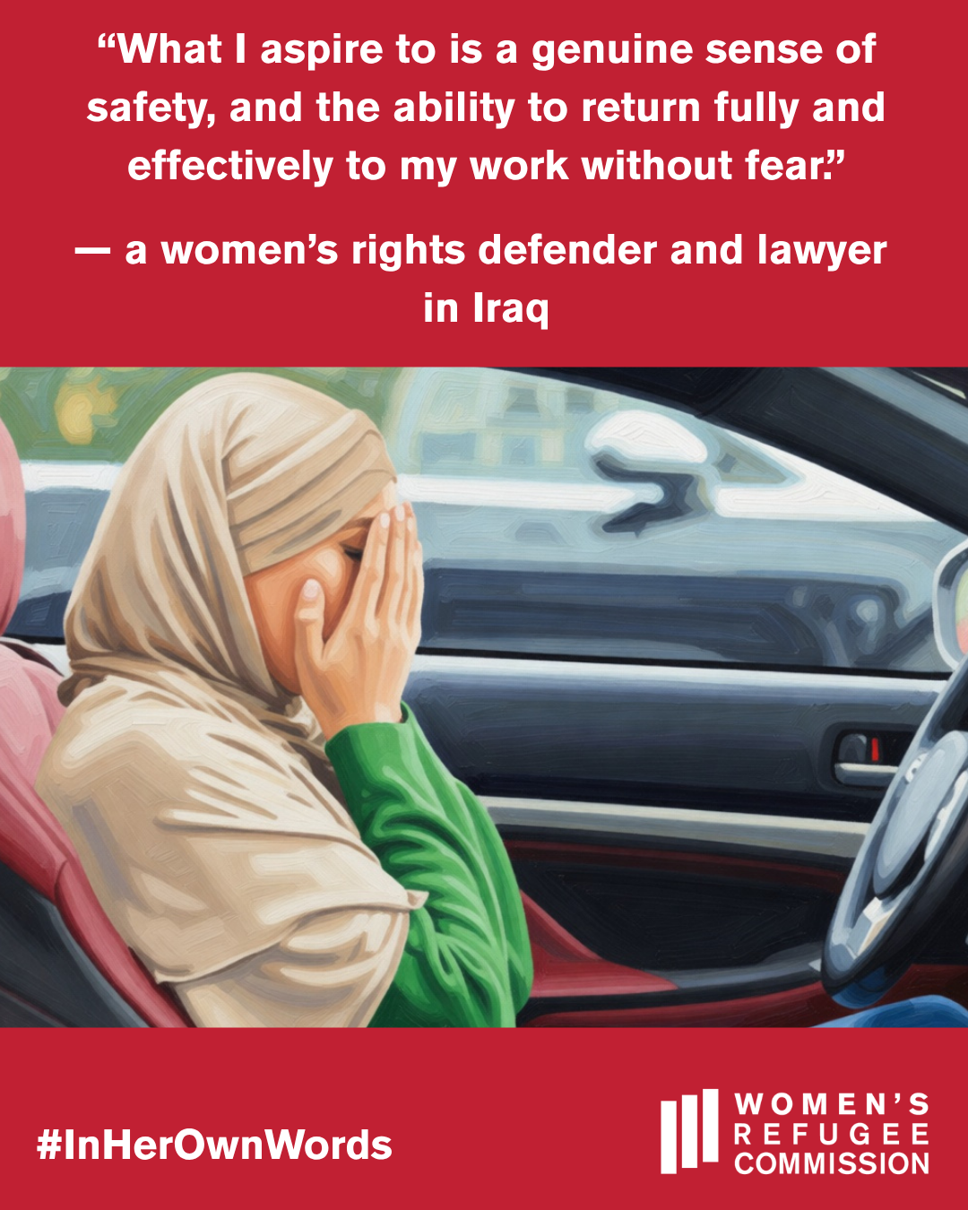 woman in hijab with hands over face behind wheel of car, with pull quote