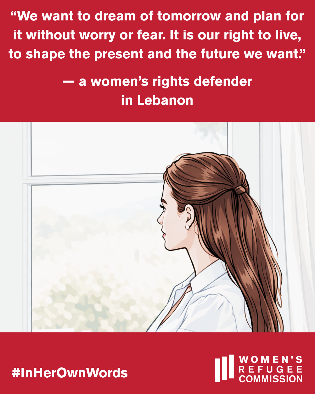 drawing of woman looking out window, with pull quote above