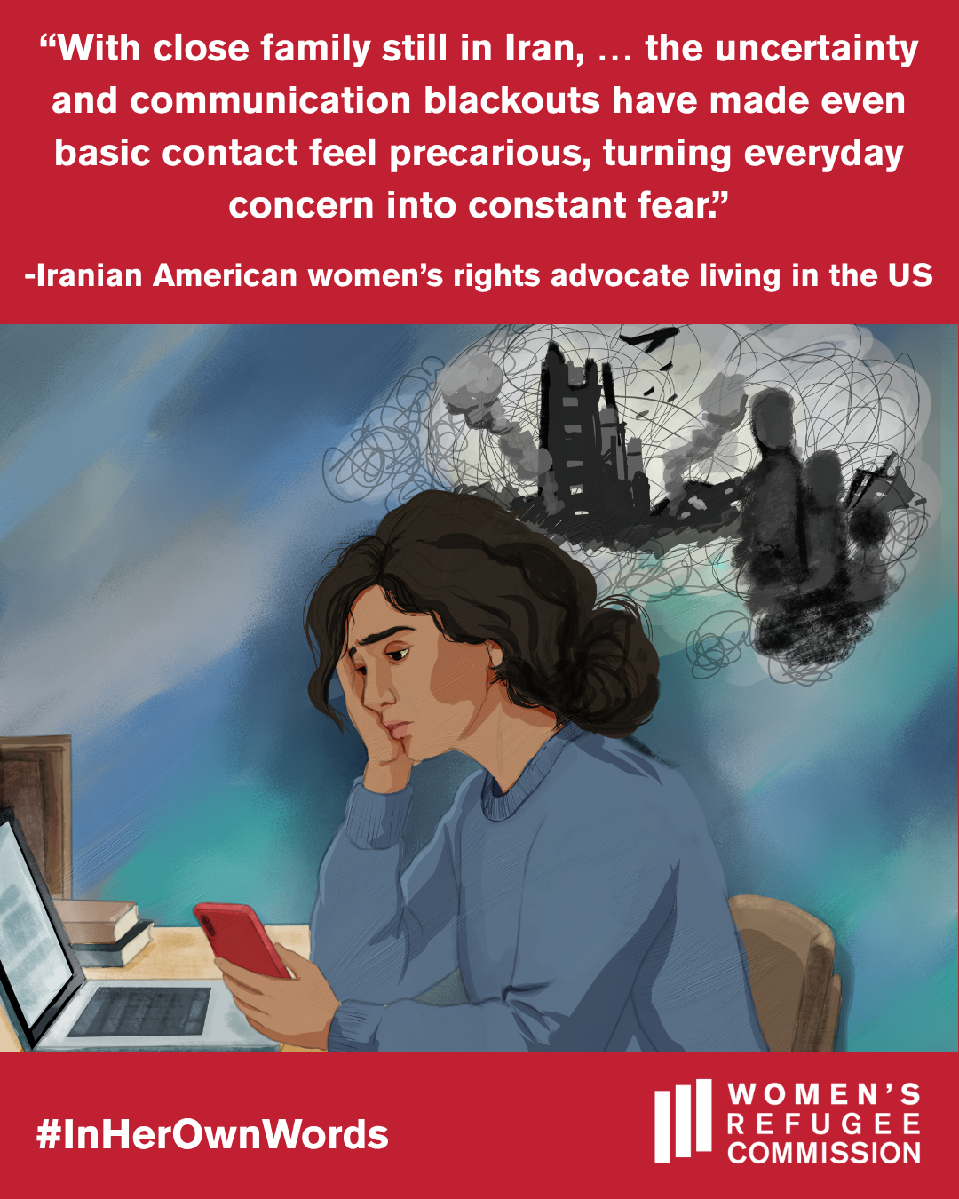 Drawing of Iranian American woman with pull quote above