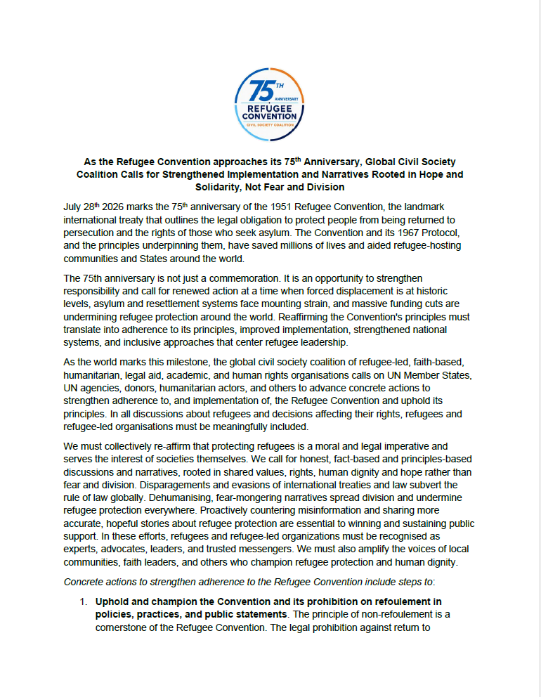 Global Civil Society Coalition Statement Calls For Stronger Adherence To The Refugee Convention
