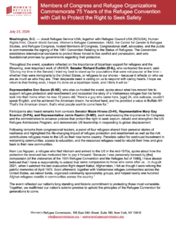 Members of Congress and Refugee Organizations Commemorate 75 Years of the Refugee Convention with Call to Protect the Right to Seek Safety