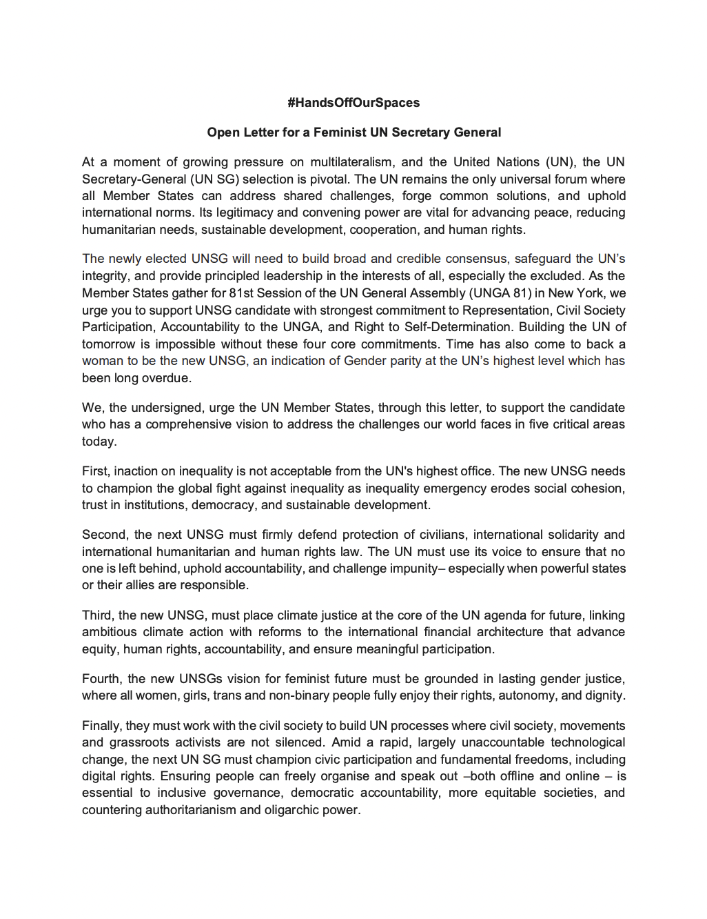 Letter to UN Member States: #HandsOffOurSpaces